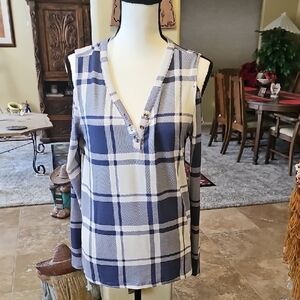 Plaid Cold Shoulder Top - Blue and  Biege